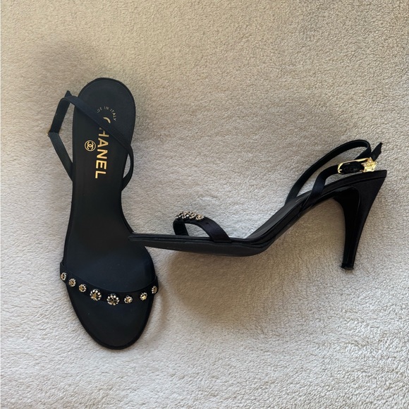 CHANEL Shoes - Chanel Black Satin Slingback Sandals Heels w/ metallic stars Size 39.5 / US 9